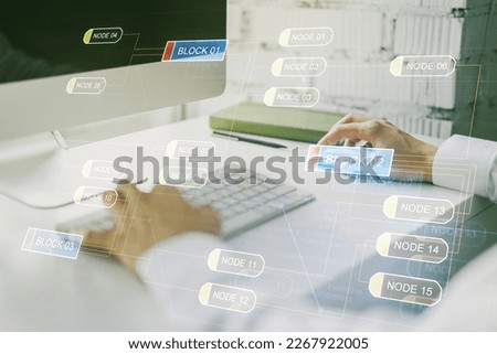 Double exposure of abstract programming language hologram with hands typing on laptop on background, research and development concept