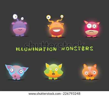 Cute Litter Illumination Monsters Set on the dark background 