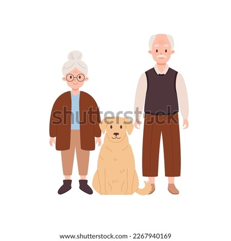 Happy elderly couple with cute dog, flat vector illustration isolated on white background. Senior man and woman with pet. Cheerful grandparents, family concept.