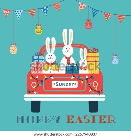Easter rabbits with presents in car fancy vector poster. Hoppy Easter Egg Hunt Game for Kids, Entertaining Fun, holiday brunch picnic invitation flyer template. Funny bunny rabbit cartoon illustration