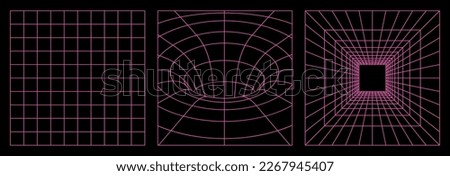 Geometry wireframe grid backgrounds in neon pink color. 3D abstract posters, patterns, cyberpunk elements in trendy psychedelic rave style. 00s Y2k retro futuristic aesthetic. Royalty-Free Stock Photo #2267945407