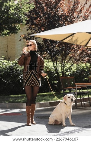 full length of stylish woman in sunglasses holding paper cup while walking with labrador near outdoor cafe