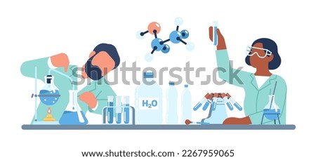 Study of chemicals presence in drinking water bottles. Laboratory experiment. Scientists research H2O. Men and woman chemical examine aqua. Test tubes and glass beakers Royalty-Free Stock Photo #2267959065