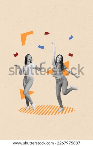 Black white gamma collage photo picture poster postcard of energetic girls celebrate win victory isolated on painted background