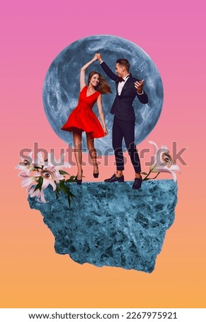 Vertical collage picture of two mini positive people stand meteorite hold arms dancing watching spying eyes inside flowers full moon sky