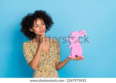 Photo of pretty thoughtful woman wear print dress rising pink easter rabbit looking empty space isolated blue color background