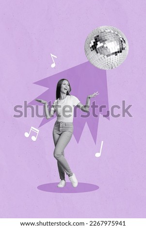 Vertical collage photo picture poster postcard sketch of crazy happy lady enjoy free time karaoke club isolated on painted background