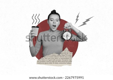 Collage picture image illustration poster of sleepy lady waking up going work drinking fresh hot espresso isolated on drawing background
