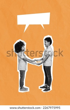 Collage 3d creative photo picture poster image of happy children share news information empty space isolated on drawing background