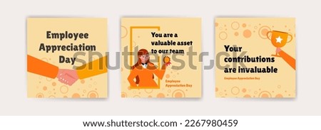 Celebrate Employee Appreciation Day with Cheerful Greeting Cards. Vector banner with illustration of employee getting award and congratulating on his achievement. Royalty-Free Stock Photo #2267980459