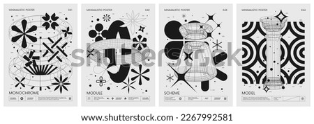 Futuristic retro vector minimalistic Posters with strange wireframes graphic assets of geometrical shapes modern design inspired by brutalism and silhouette basic figures, set 11 Royalty-Free Stock Photo #2267992581