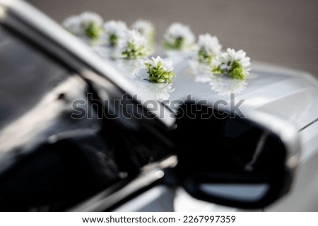 decorations and details on the car for the wedding small bouquets on the hood of a white modern car small depth of field