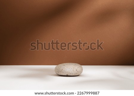 Empty stone podium with lights and shadows on brown background. Minimal backdrop. Round natural rock for cosmetic product advertising. Pedestal or showcase for presentation. Wabi sabi concept.