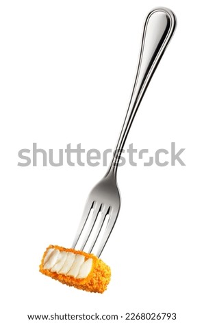 Fork with cut fish stick isolated on white background