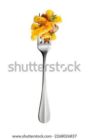 Top view of Isolated Fork with maccheroni pasta mushrooms tomatoes and aromatic herbs on white background Royalty-Free Stock Photo #2268026837