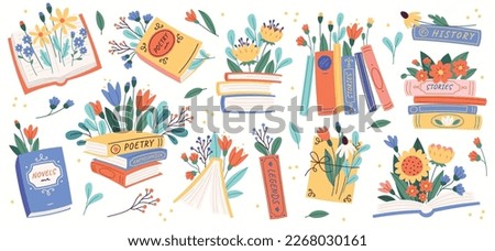 Books with flowers flat icons set. Cartoon floral decorations. Wildflowers decor for literature. Poppy, sunflower, forget-me-not, cornflower bouquet on poetry book. Color isolated illustrations Royalty-Free Stock Photo #2268030161