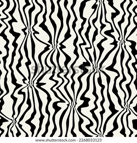 Vector seamless pattern. Abstract op art texture with bold monochrome wavy stripes. Creative background with distorted lines. Decorative black and white striped design. Distorted op-art stripes. Royalty-Free Stock Photo #2268033123