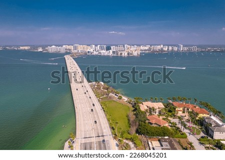 Panorama of City Sarasota FL. Beautiful beaches in Florida. Spring or summer vacations in Florida. Beautiful View on Hotels and Resorts on Island. America USA. Gulf of Mexico. Aerial travels photo.