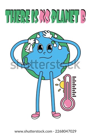Earth day modern vintage and retro card with Earth globe character. Cute cartoon planet suffering from heat and wipes sweat from forehead. Global warming. Vector illustration