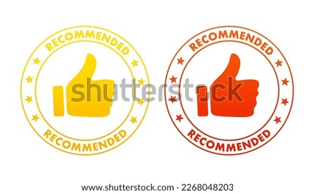 Red recommended stamp thumbs up rubber. Recommended print clip art. Recommended stamp. Flat design. Web design with red ribbon. Vector illustration