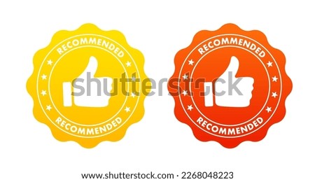 Red recommended stamp thumbs up rubber. Recommended print clip art. Recommended stamp. Flat design. Web design with red ribbon. Vector illustration