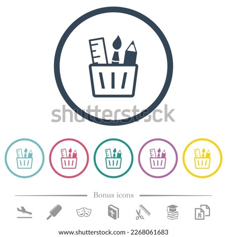 Drawing tools outline flat color icons in round outlines. 6 bonus icons included. Royalty-Free Stock Photo #2268061683