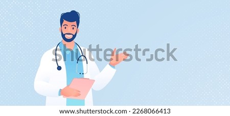 Cartoon character of doctor holding a clipboard on light blue background vector illustration. Healthcare and medicine concept.