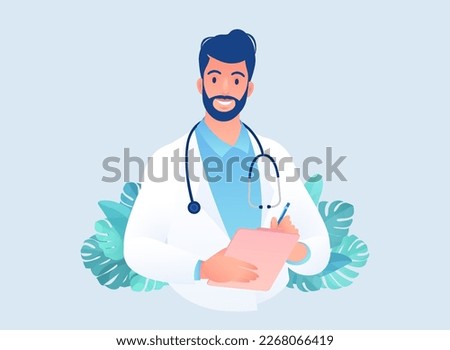 Cartoon character of doctor taking sick notes on clipboard vector illustration. Healthcare and medicine concept clip art.