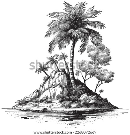 Hand Drawn Engraving Pen and Ink Palm Tree on an Island Vintage Vector Illustration Royalty-Free Stock Photo #2268072669
