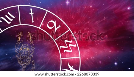 Composition of zodiac wheel with scorpio star sign over stars. Astrology, horoscope and zodiac signs concept digitally generated image.