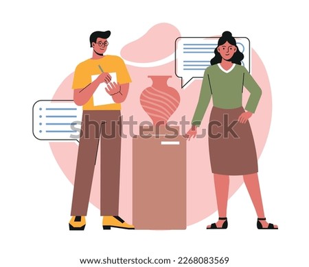 Art gallery or museum visitors. Man and woman tourists enjoy old exhibit of ancient culture or pottery. Characters looking at antique earthenware vase on pedestal. Cartoon flat vector illustration Royalty-Free Stock Photo #2268083569