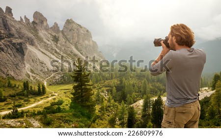 Landscape Italy, Dolomites - Men hiking Photographer take a picture