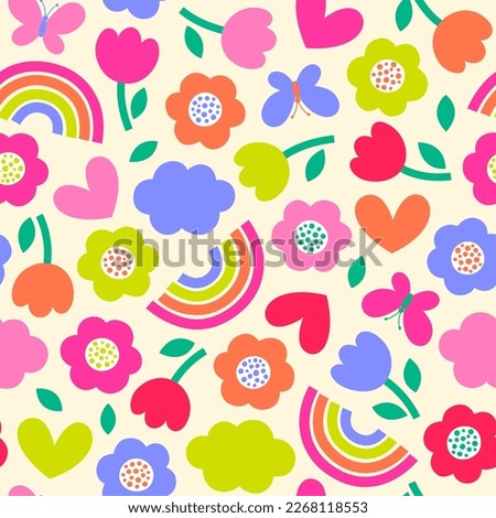 Colorful cute floral and rainbow seamless pattern background. Royalty-Free Stock Photo #2268118553
