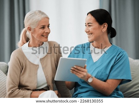 Asian woman nurse, senior patient and tablet for consulting, healthcare and report for medical help. Japanese doctor, women and digital touchscreen ui for consultation room, happy or smile for advice