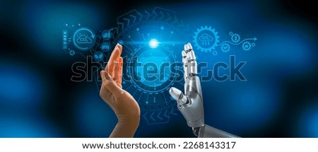 Robot hand about to touch human hand embracing earth icon. new technology in the future of the world, the concept of artificial intelligence (AI) is important to the world in the future Royalty-Free Stock Photo #2268143317