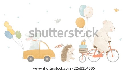 Beautiful baby stock composition with cute watercolor hand drawn animals going on birthday party. Stock clip art.