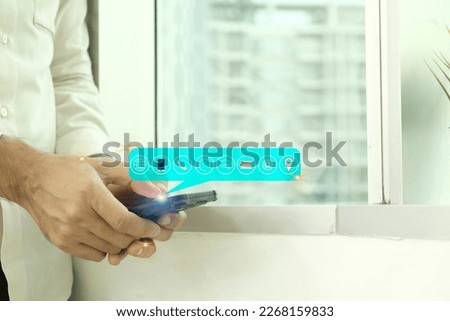Customers use a smartphone to contact the support team by touching on a virtual screen with the website, call center, chat message, email, address, and location icons. Customer support concept.