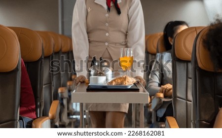 Air hostess or cabin crew working in airplane. Flight attendant pushing the cart on aisle for serving food and drink to passengers in airplane cabin. Airline transportation and tourism concept. Royalty-Free Stock Photo #2268162081