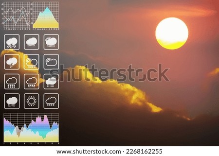 Weather forecast symbol data presentation with graph and chart on dramatic atmosphere panorama view of colorful twilight tropical sky and  clouds with beautiful summer sunrise background.

