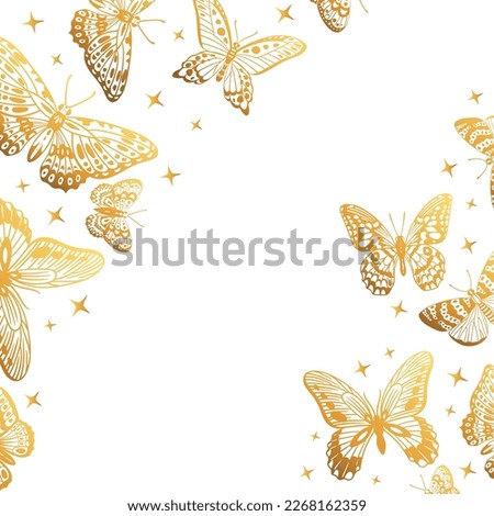 Cartoon golden butterflies cover. Gorgeous shiny butterfly background, golden butterfly flock, gorgeous exotic moths flat vector backdrop illustration