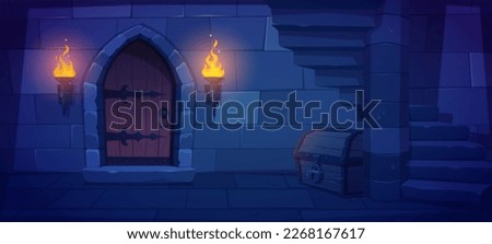 Underground dungeon with wooden door, torch fire and treasure chest. Vector cartoon illustration of medieval palace hallway, basement with stone stairs, prison cell entrance. Adventure game background