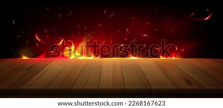Oven fire burning at edge of wooden table. Vector realistic illustration of natural wood plank surface, red and orange flame with sparkes and smoke in air. Restaurant BBQ menu background design