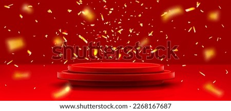 Red podium and golden confetti flying in air. Vector realistic illustration of round 3D platform for prize winner award. Background for presentation of new product, discount or sale announcement