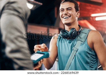 Credit card, payment or customer happy with machine for 5g network, customer service or digital sale in gym. Membership discount, fintech or man with employee for support, help or RFID tech in studio Royalty-Free Stock Photo #2268169639
