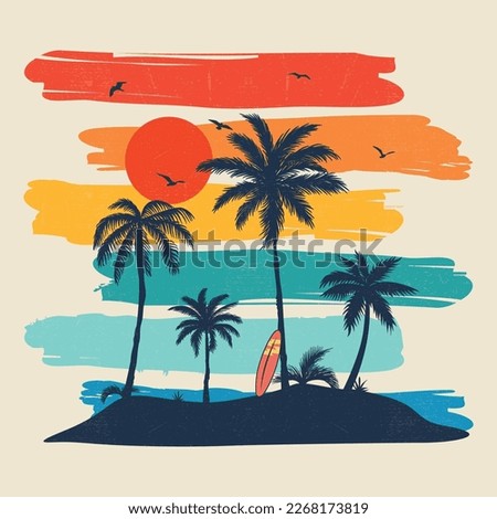 sunshine beach, summer beach sunshine vector print design artwork,. Vintage Retro Style Beach Surfer Summer Paradise. vector Palm tree, sunset, sunrise, surfboard, vector graphic print design.