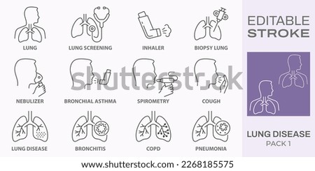 lung disease icons, such as pneumonia, cough, bronchitis, spirometry and more. Editable stroke. Royalty-Free Stock Photo #2268185575