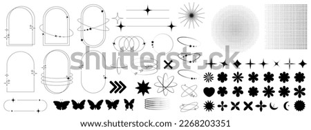 Set of geometric shapes in trendy retro style. 00s Y2k aesthetic. Modern minimalist arch frame with sparkles. Trendy design elements for banners, social media, poster design, packaging. Royalty-Free Stock Photo #2268203351
