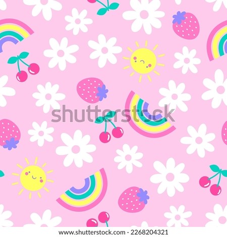 Cute sun, fruit, daisy flower and rainbow seamless pattern background. Royalty-Free Stock Photo #2268204321