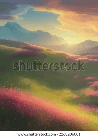 Mountain landscape with alpine meadows, vector illustration vertical poster. green meadow and wild flowers on hills with blue sky, vector cartoon spring or summer landscape