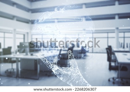 Multi exposure of abstract creative digital world map hologram on modern corporate office background, research and analytics concept